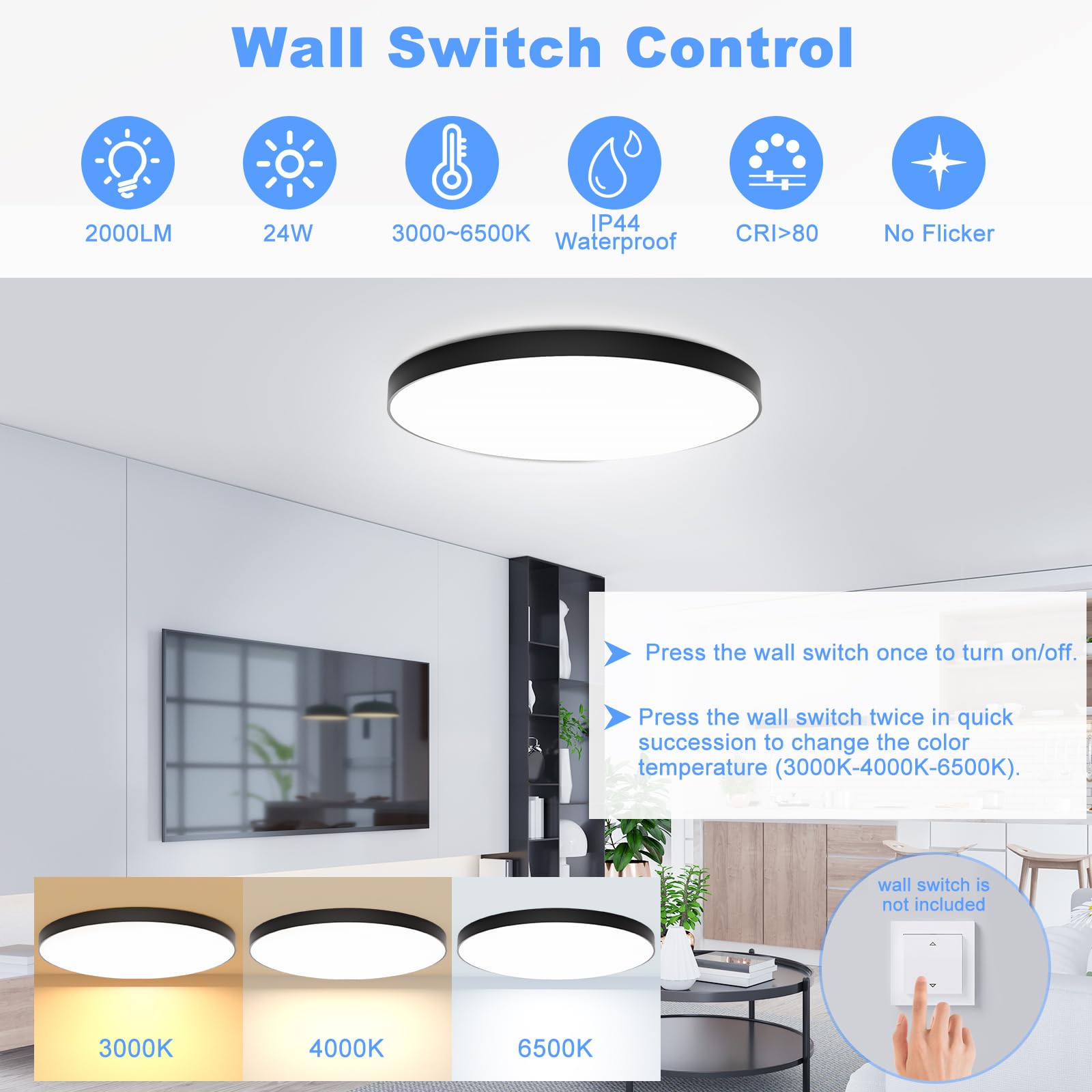 Plafoniera LED Soffitto Dimmerabile 24W [2 Pezzi] | Lampada da Soffitto con Telecomando Plafoniera Bagno IP44 Impermeabile Ø28CM 2000LM per Cameretta/Cucina/Soggiorno