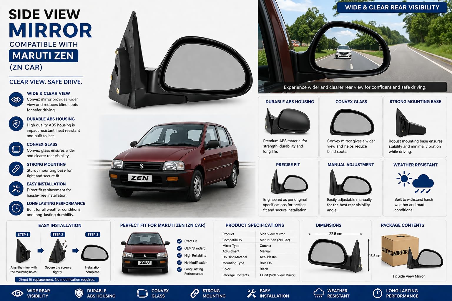Maruti Zen side mirror compatible with (ZN Car), ensuring clear