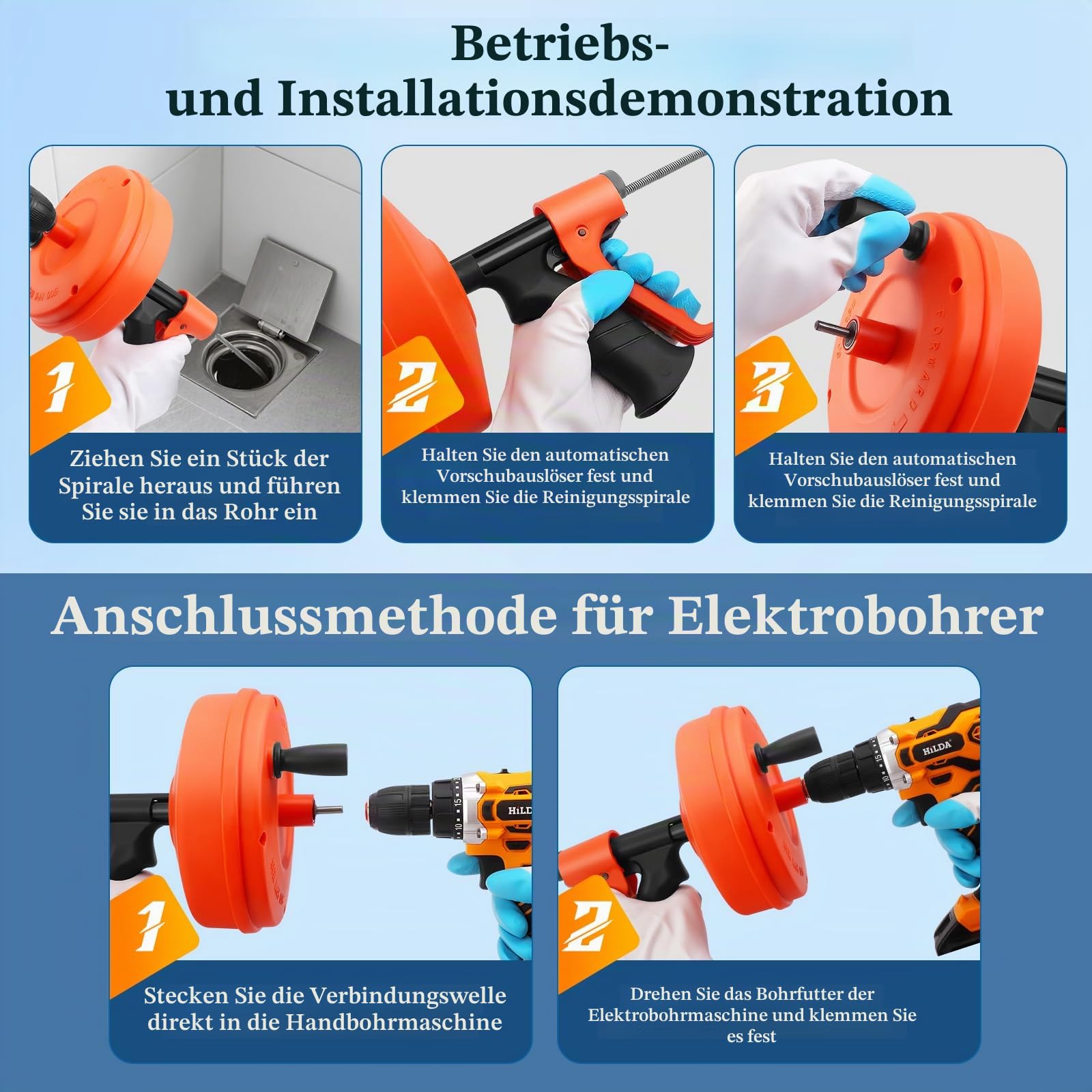 Spirale Abflussreiniger mit Automatischem Teleskopauswurf, 15 M Verstärkte Spirale Rohrreinigung für Küche, Bad, Waschbecken & Badewanne – Abflussreiniger Spirale gegen Verstopfungen