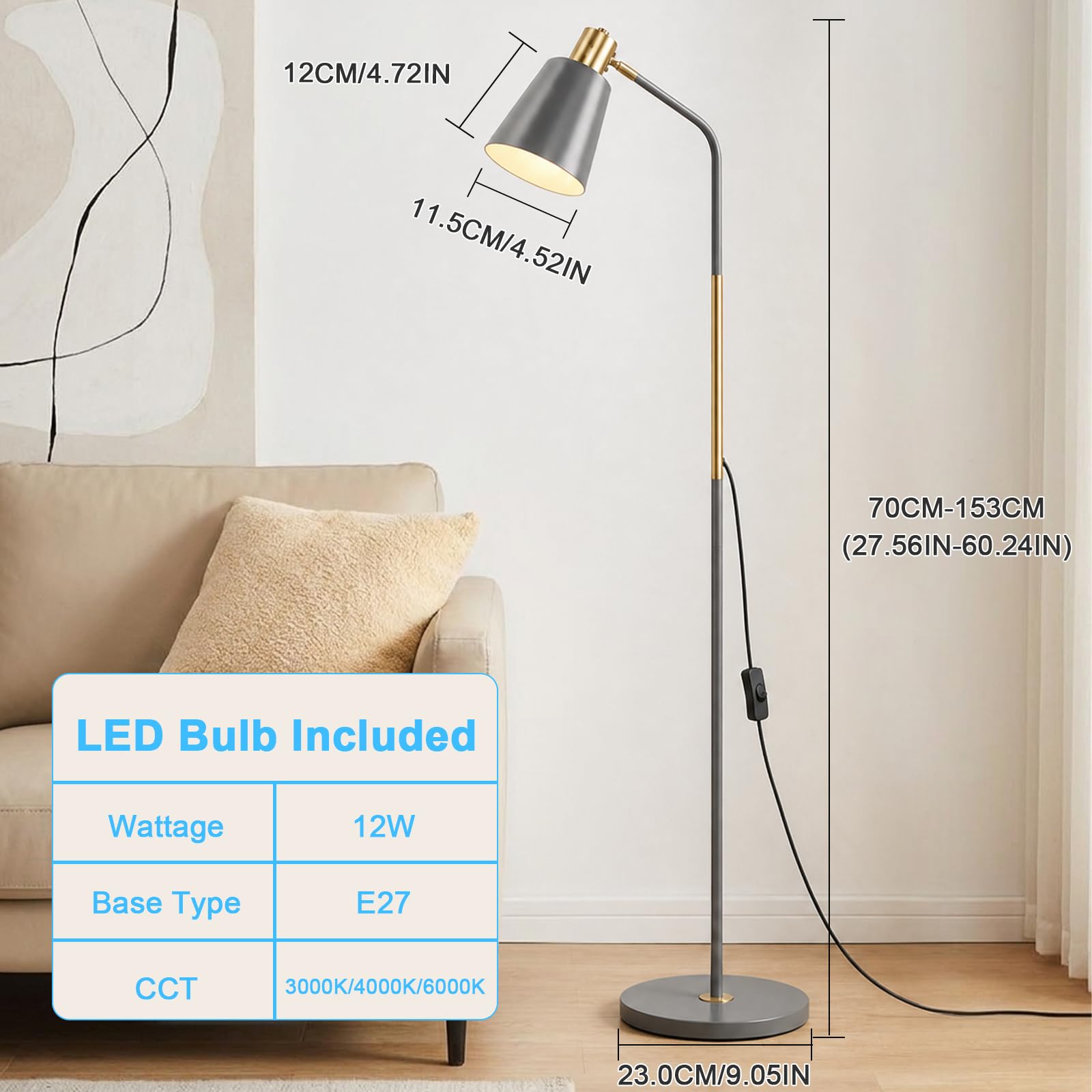 Yexati Lampada da Terra ad Arco E27 Regolabile, Grigio | 153 cm, black metal, 180° swivel head, living room office room