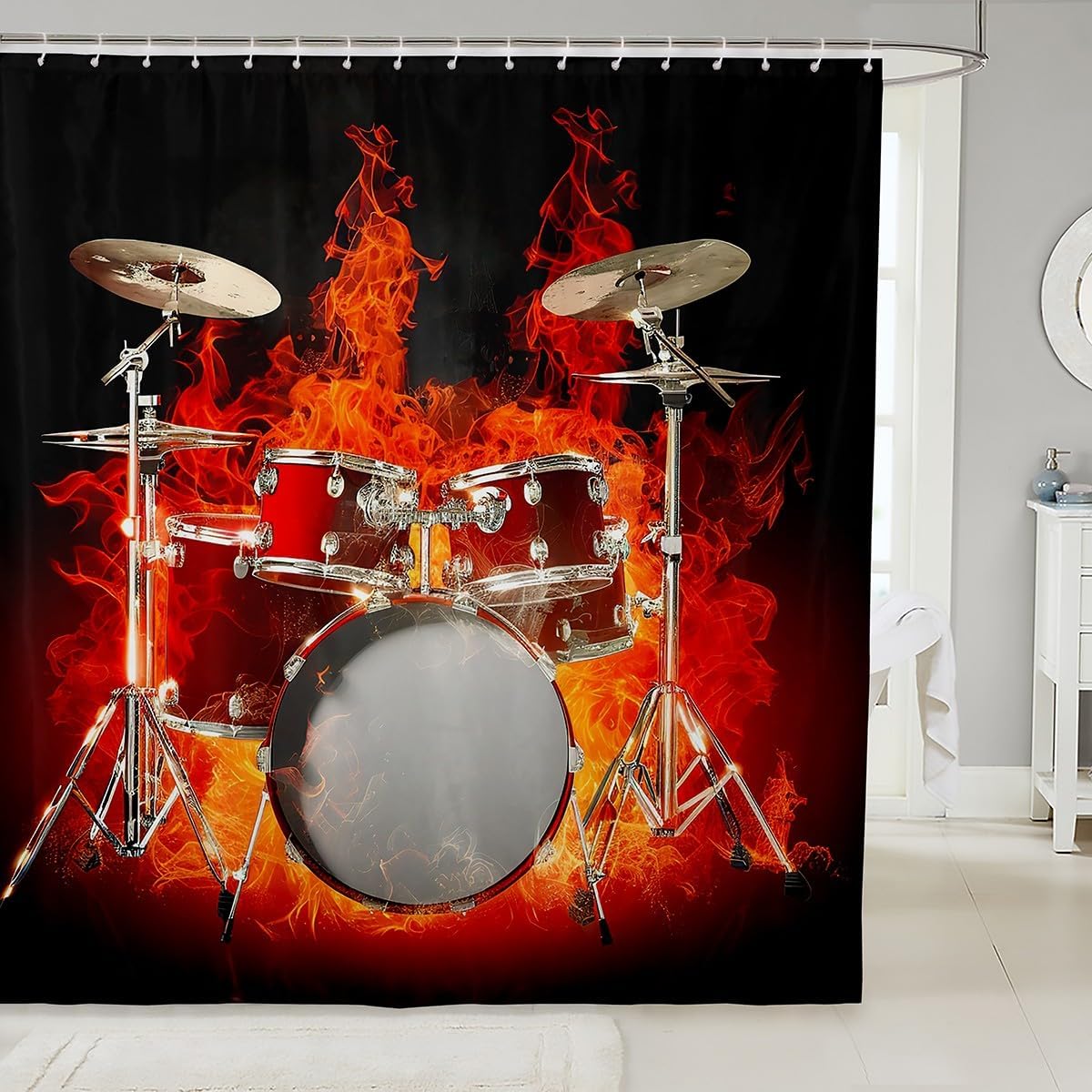 Drum Kit Waterproof Shower Curtains Rock Music Theme Decor Fabric Bathroom Shower Curtain Boys Girls Teens Musical Instrument Shower Curtain with Hooks Band Concert Popstar Party Curtain,72x72 Inches