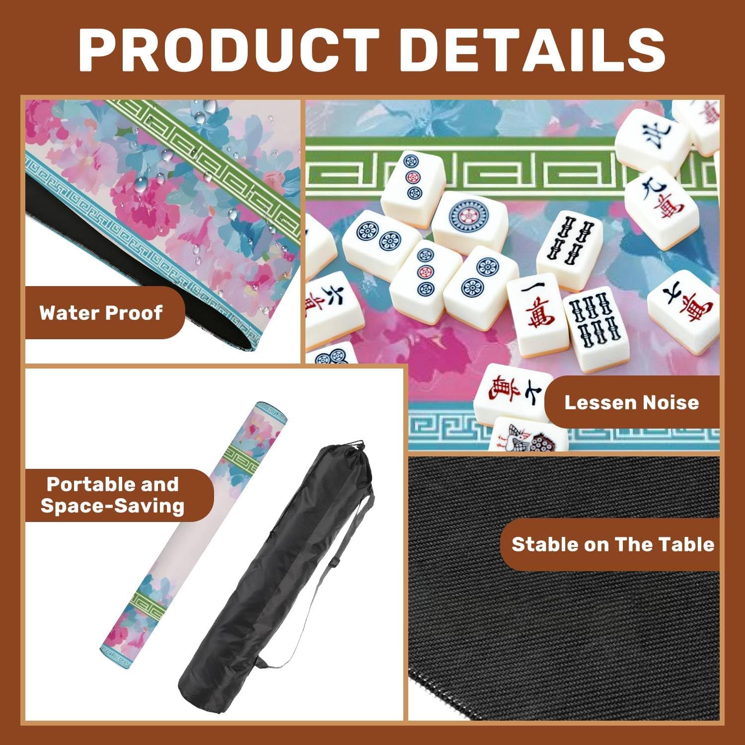 Mahjong Mat 31.5" x 31.5" Floral Border Abstract Watercolor Flowers Green Greek Key Frame Non-Slip Noise Reduction Mahjong Tiles Table Cover for Dominoes Poker Card Board and Tile Games