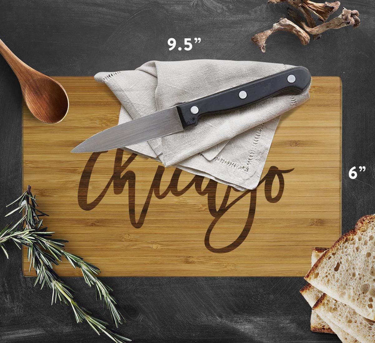 Andaz Press Chicago Bamboo Wood Cutting Board, 9.5 x 6-inch, Calligraphy, 1-Pack, Small Engraved Serving Chopping Board Christmas Birthday Moving Away College Graduation Chef Kitchen Ideas