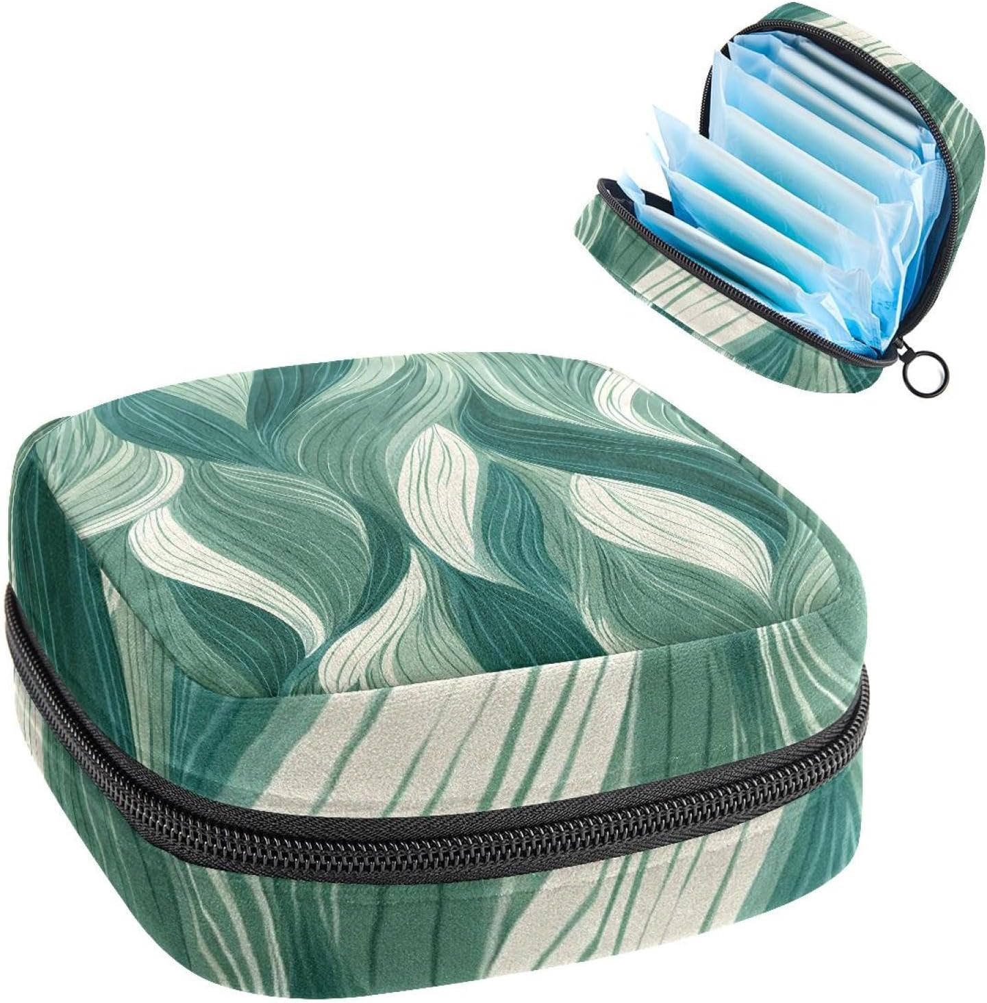 1Pc Portable Sanitary Napkin Storage Bag, Menstrual Cup Pouch, Feminine Care Pads Bag for Girls Women, Tampons First Period Kit, Sage Green Vertical Waving Pattern