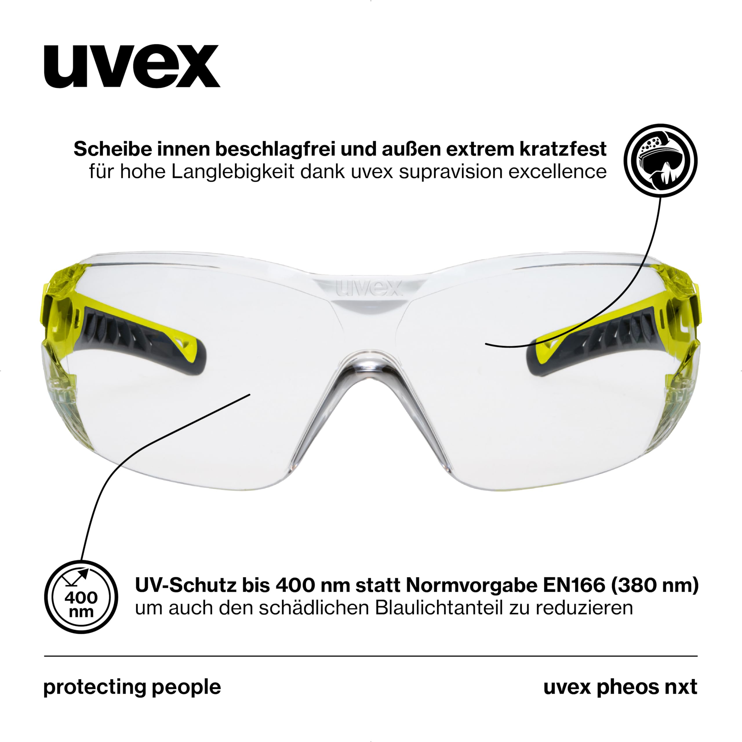 Uvex pheos nxt Lunettes de protection de qualité supérieure - Intérieur anti-buée - Extérieur extrêmement résistant aux rayures et aux produits chimiques