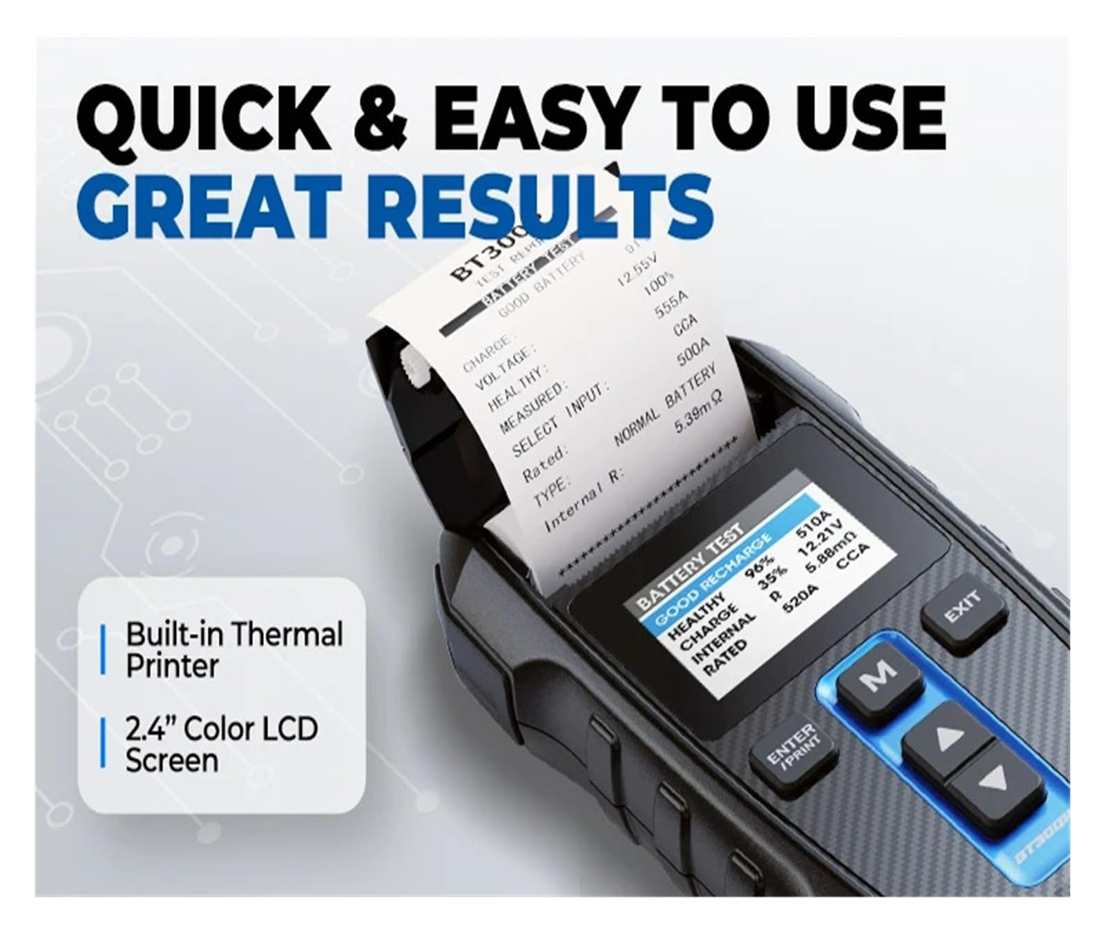 Comprobador de baterías Plomo-ácido for vehículos BT300P 12 V con protección contra polaridad inversa y Impresora integrada