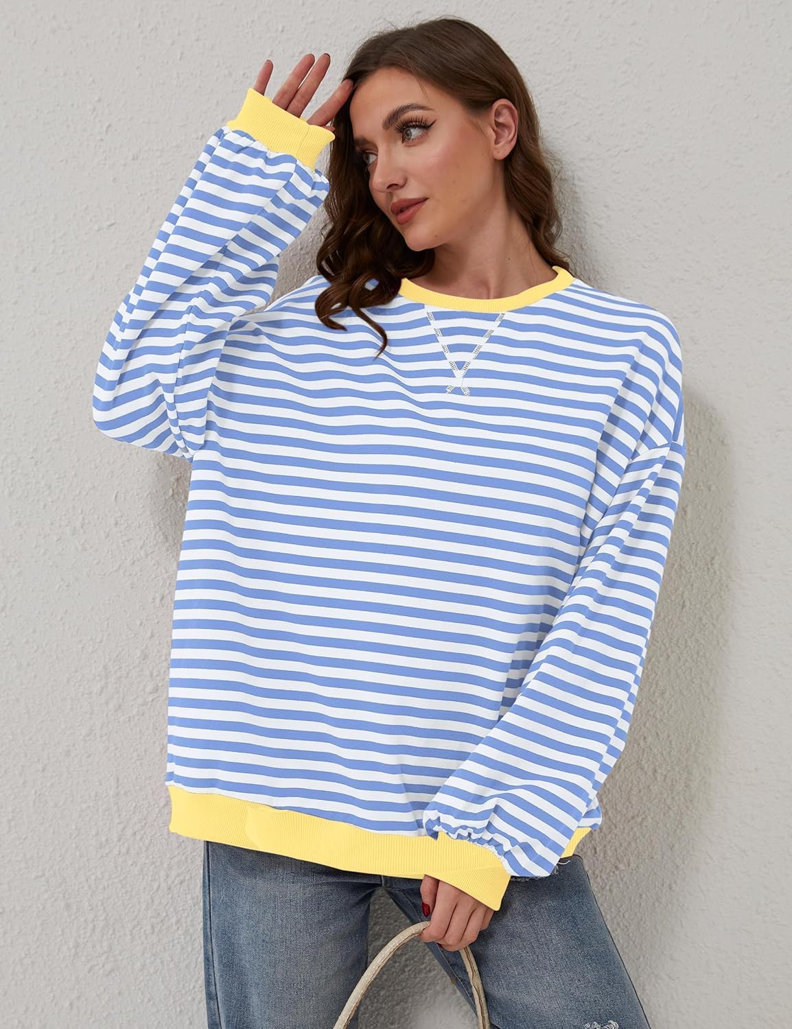 Womens Oversized Striped Sweatshirt Color Block Long Sleeve Shirt Crewneck Pullover Striped Sweater Y2k Clothes - Image 7