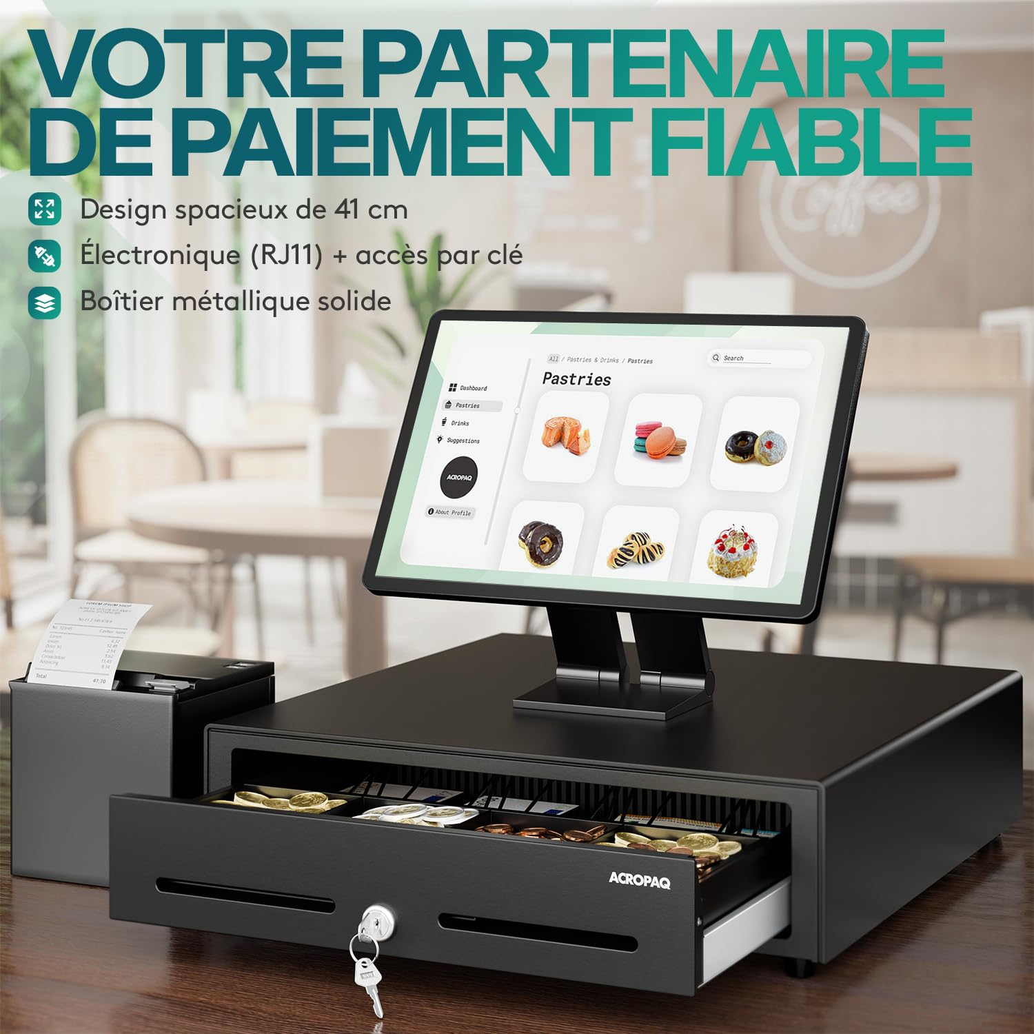 ACROPAQ Tiroir caisse métal robuste 42 x 41 x 10 cm 8 cases pièces 4 billets sans courant