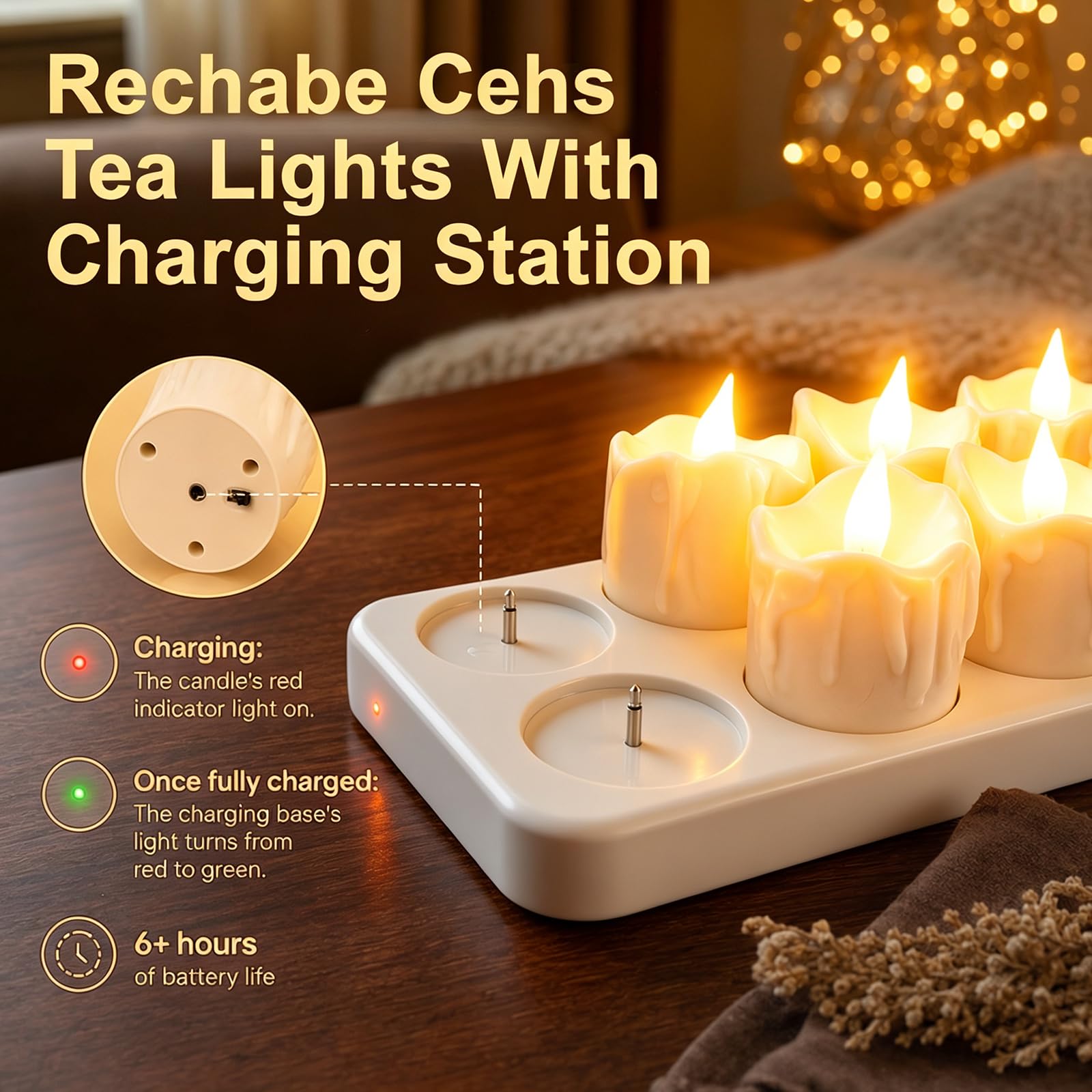 12 Stück Wiederaufladbare Teelichter Flackernd mit Fernbedienung und Timerfunktion, LED Kerzen mit Ladestation für Party Zimmer Wohnzimmer Halloween Weihnachten Deko