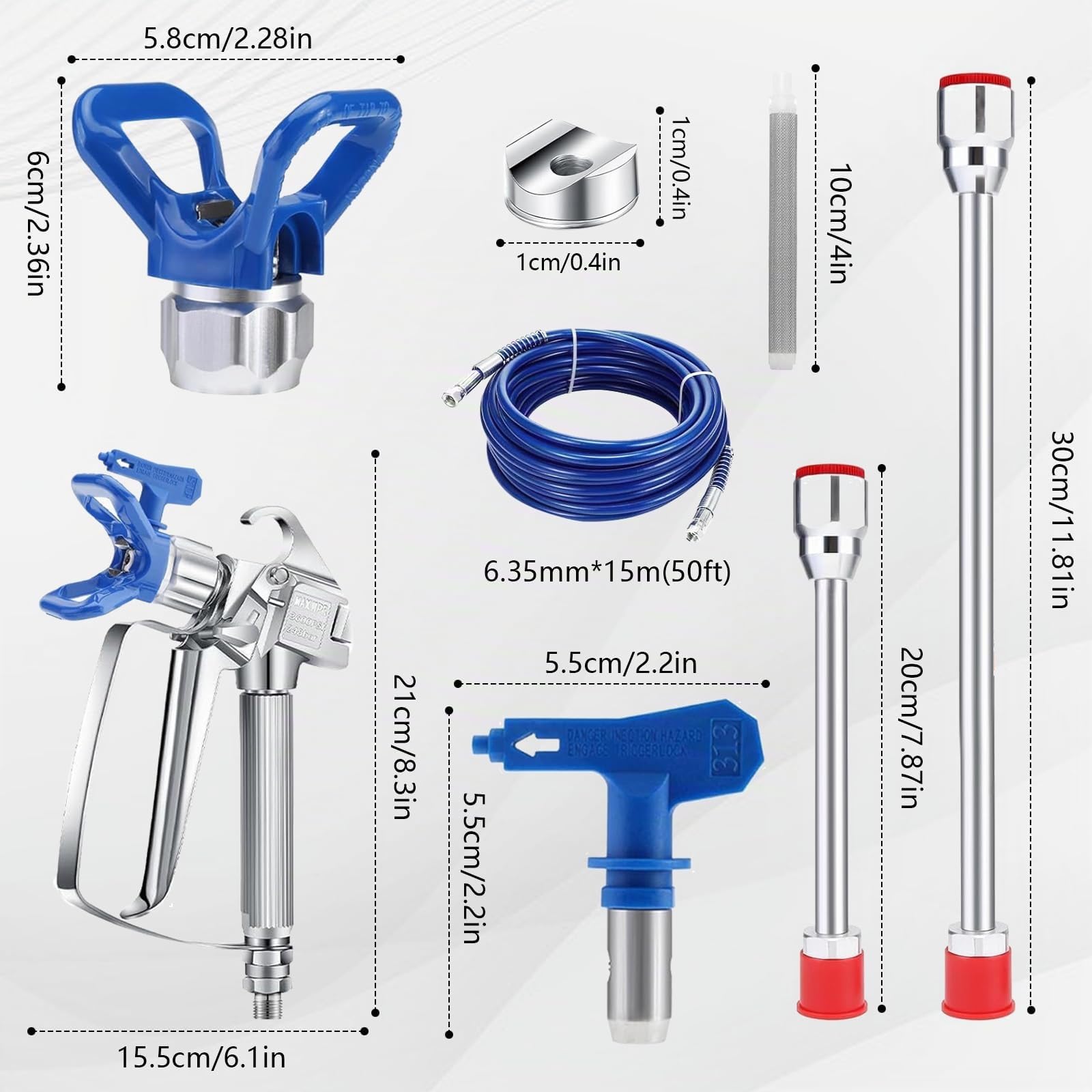 Pistola Spruzzo Vernice, 15 Pezzi Pistola a Spruzzo per Verniciare Airless e Tubo Flessibile Kit con 5 Ugelli, Filtri, Tubo Flessibile, Aste di Prolunga