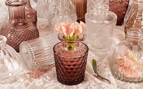 Miniatura 5 de Juego de 10 jarrones pequeños para flores, jarrones rosados a granel, jarrones de cristal para centros de mesa, mini jarrón vintage perfecto para