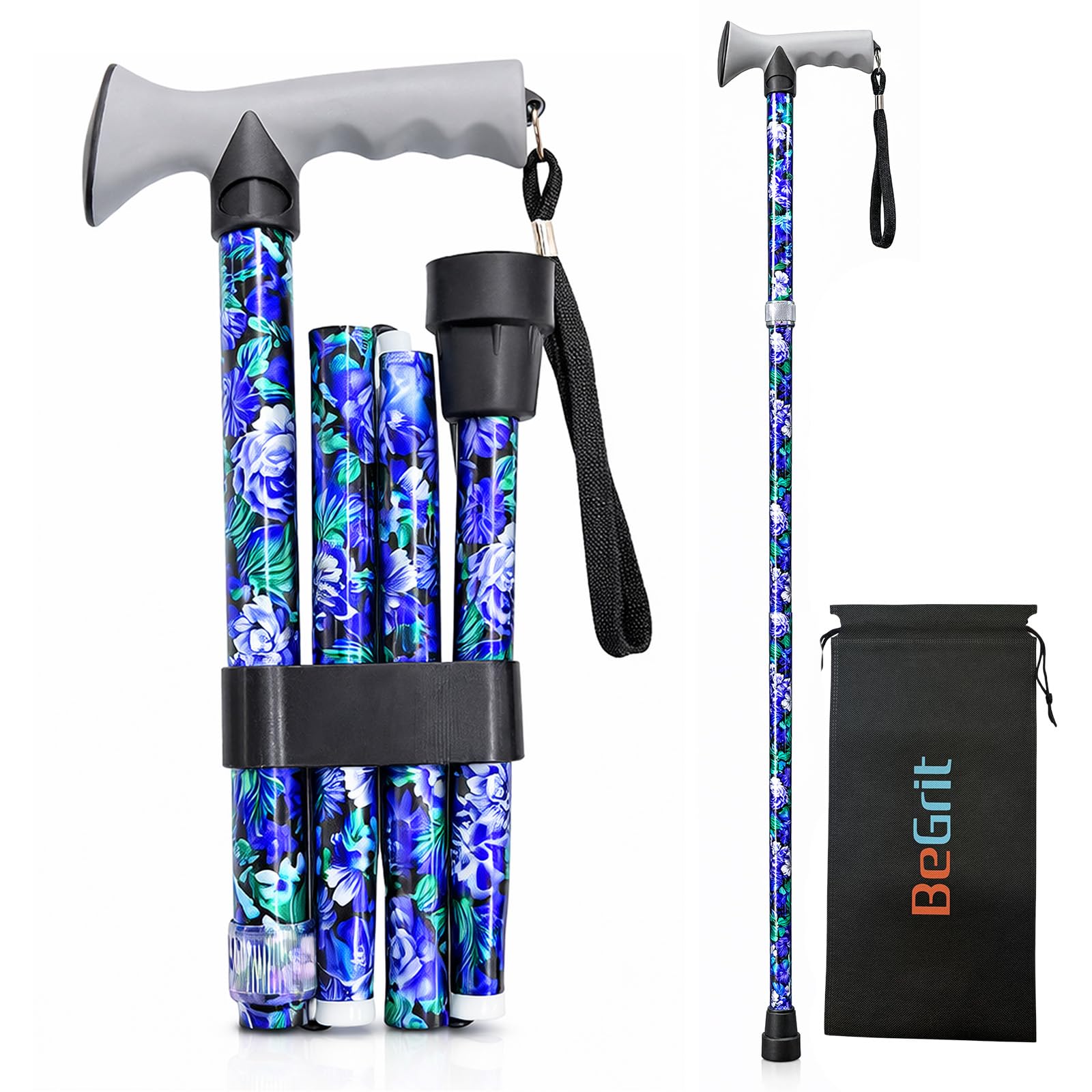 BeGrit Canne de Marche Pliable en Aluminium Canne de Marche Homme Femme Hauteur Réglable à 5 Niveaux Bâton de Marche de Voyage Tout-Terrain Réglable Cane Pliante Portable