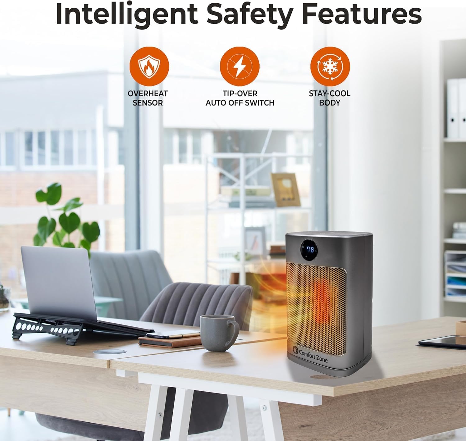 Comfort Zone 1500W Oscillating Desktop Heater – Portable Ceramic Space Heater with Remote, Digital Thermostat (50°F-90°F), ECO Mode, 12-Hour Timer, Child Lock & Stay-Cool Housing – Silver