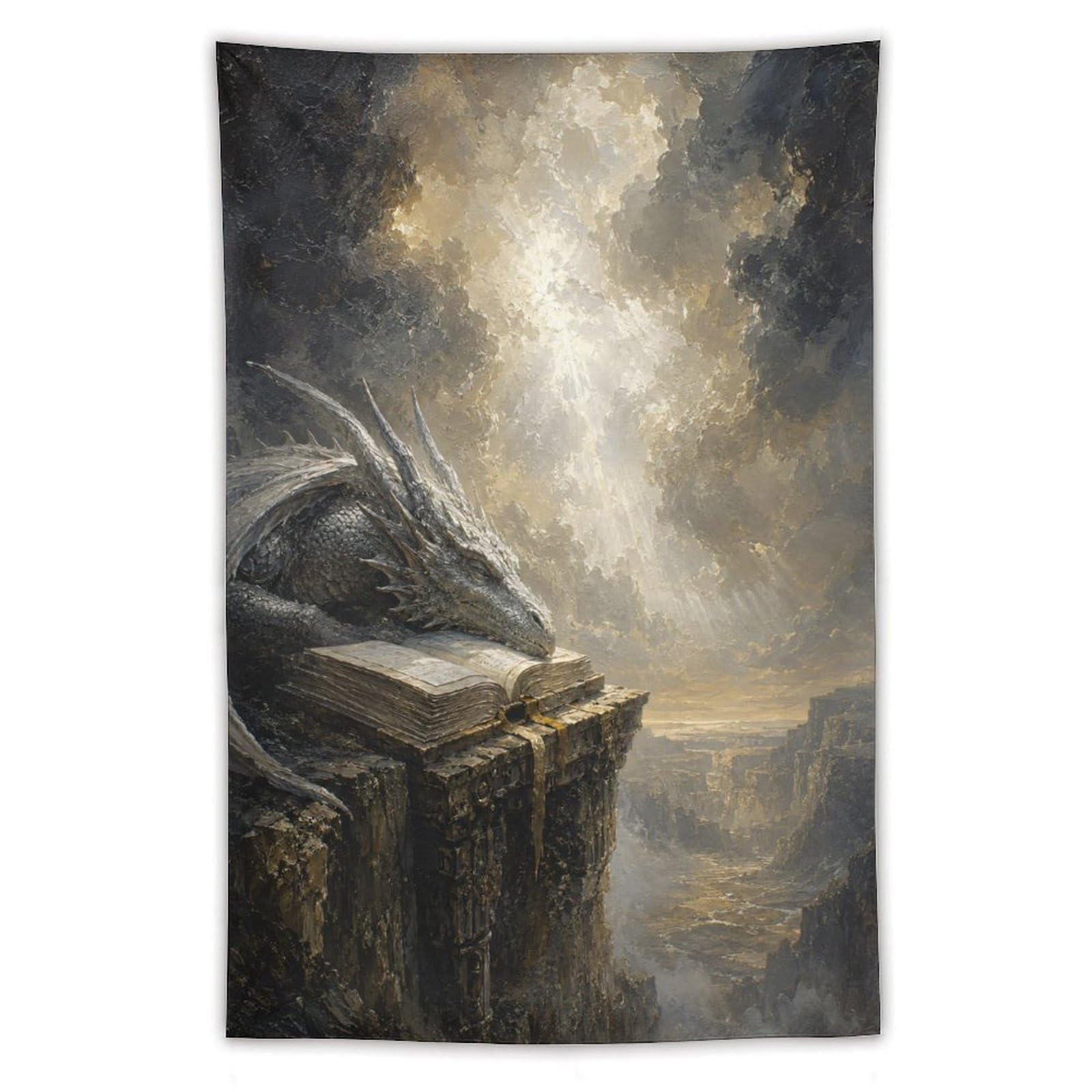 H3B8U2Y5 Dragon on Cliffside Book Wall Tapestry, Surrealist, Living Room