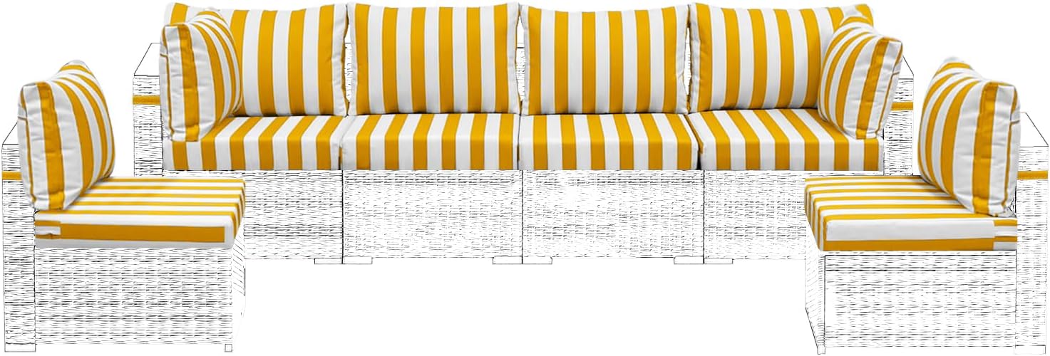 14 Piece Outdoor Replacement Cushions for Patio Furniture, Water-Resistant Outdoor Sectional Replacement Cushions, 25.6x25.6 Sofa Cushion for 6-Seat Patio Conversation Sets, Yellow & White Stripes