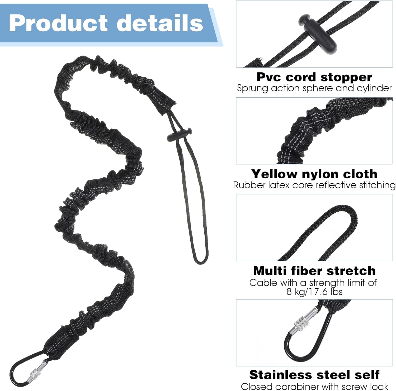 12 Pcs Tool Lanyard Retractable Tool Tether with Aluminum Screw Lock Carabiner, 17.6 Lb 8 Kg Max Load, 35.4 in to 65 in Adjustable Bungee Cord, Fall Protection Tether for Construction, Black