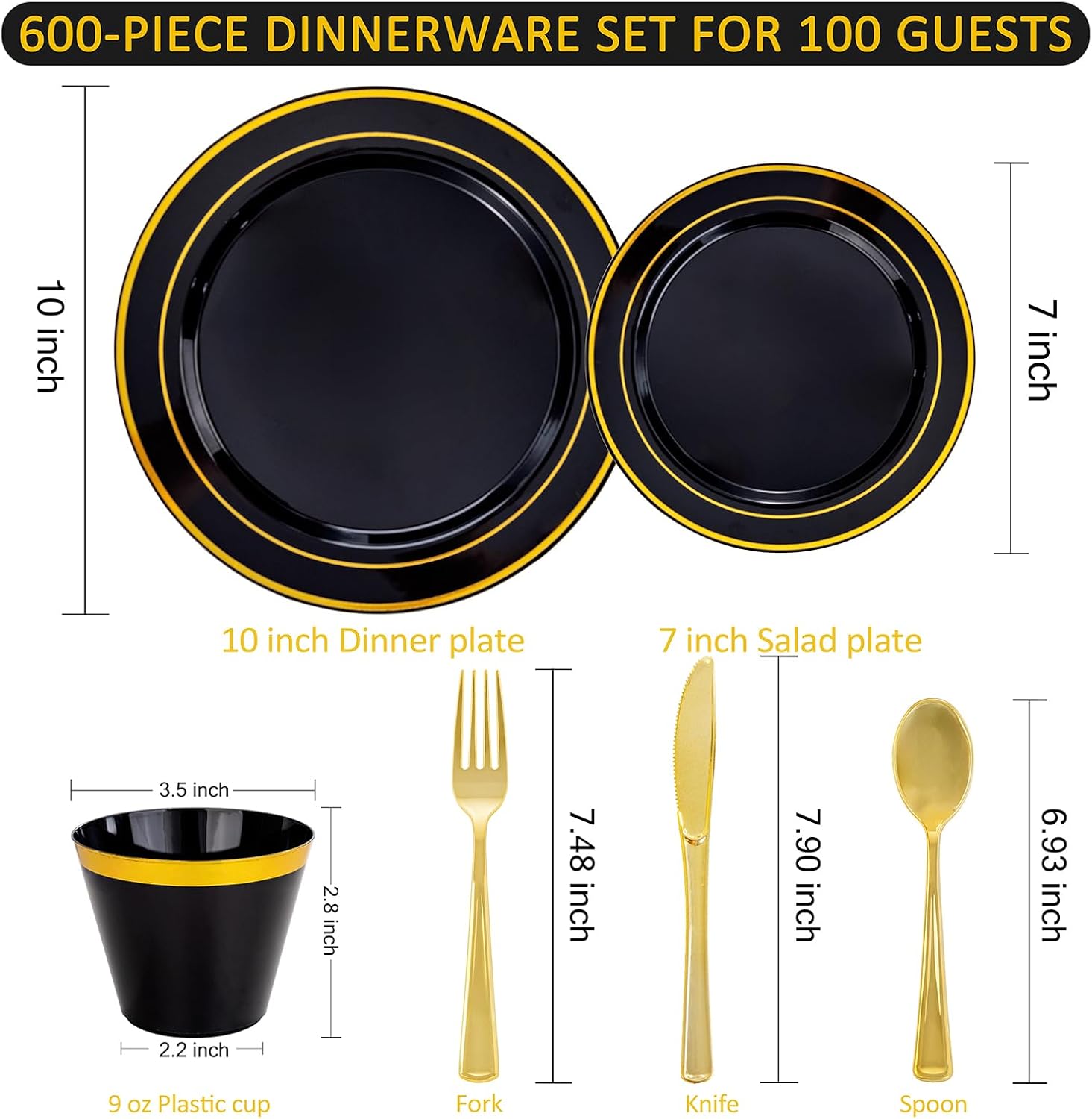 WELLIFE 600 PCS Black and Gold Disposable Dinnerware Set for 100 Guests, Gold rimmed Plastic Dinner Plates,Salad Plates,Cups,Silverware Set for New Year Party Supplies