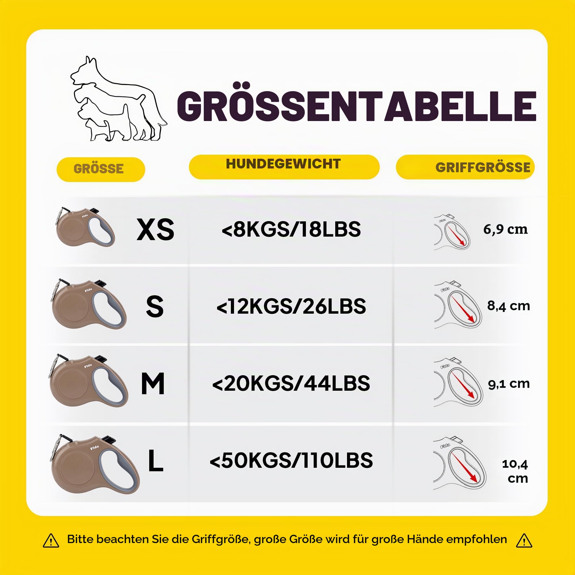 Fida Ausziehbare Hundeleine, 4,9 m, für kleine und mittelgroße Hunde bis zu 20 kg, 360° verhedderungsfrei, Kaffee/Braun