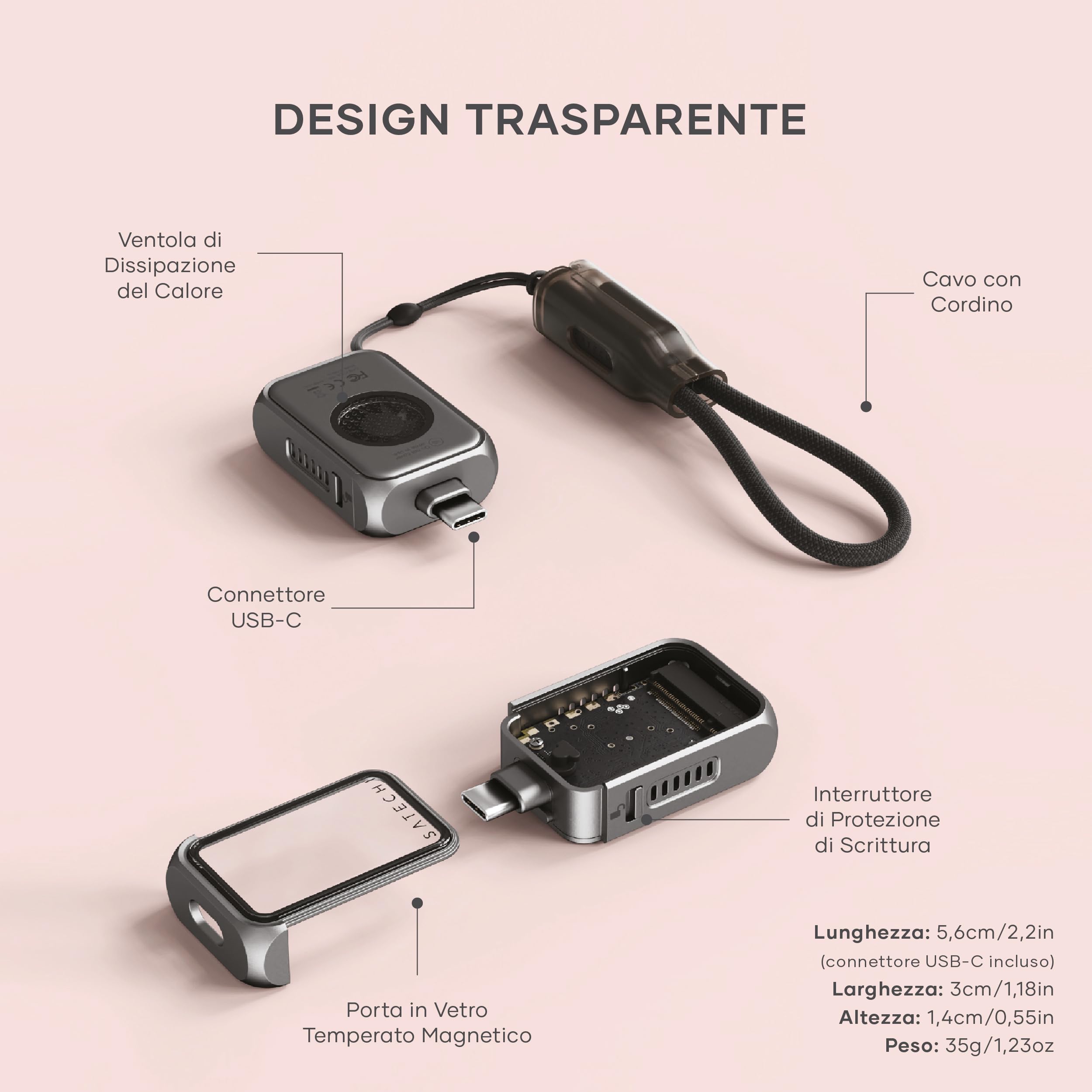 SATECHI Mini Custodia SSD M.2 NVMe USB C, Trasferimento Dati 10Gbps, Archiviazione fino a 2TB, Compatta e Portatile con Raffreddamento Attivo, Compatibile con SSD NVMe 2230 (SSD Non Inclusa)