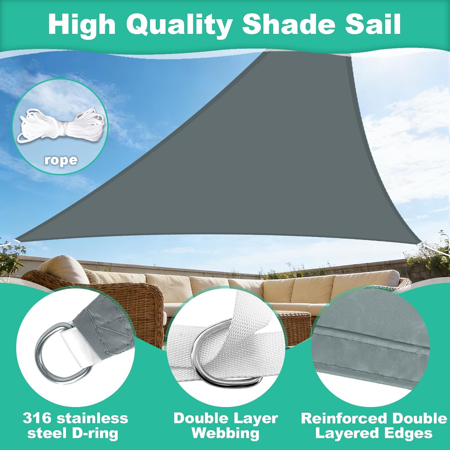 Waterproof Sun Shade Sail Triangle 16'x16'x16' UV Block Sunshade Canopy Outdoor Patio Covers Shade Cloth Tarp for Backyard Deck Garden Gazebo Awning (Dark Grey)