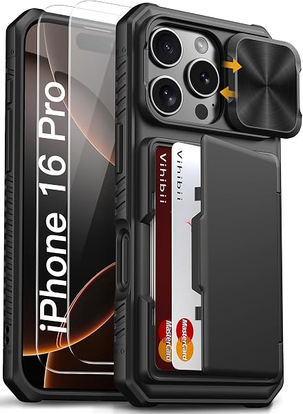 Vihibii for iPhone 16 Pro Case Wallet with 2X Screen Protector, 2025, Black
