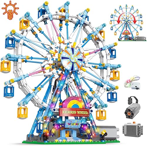 Spotyee Juego de bloques de construcción de rueda giratoria de la fortuna de juguete, kits de construcción de parque de atracciones de carnaval con