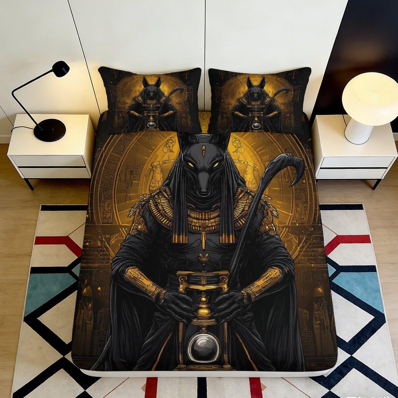 3D Printed Egyptian Anubis Fitted Sheet Microfiber Soft Black Gold Pharaoh Bed Cover for Bedroom Dorm Decor 90x200x25cm