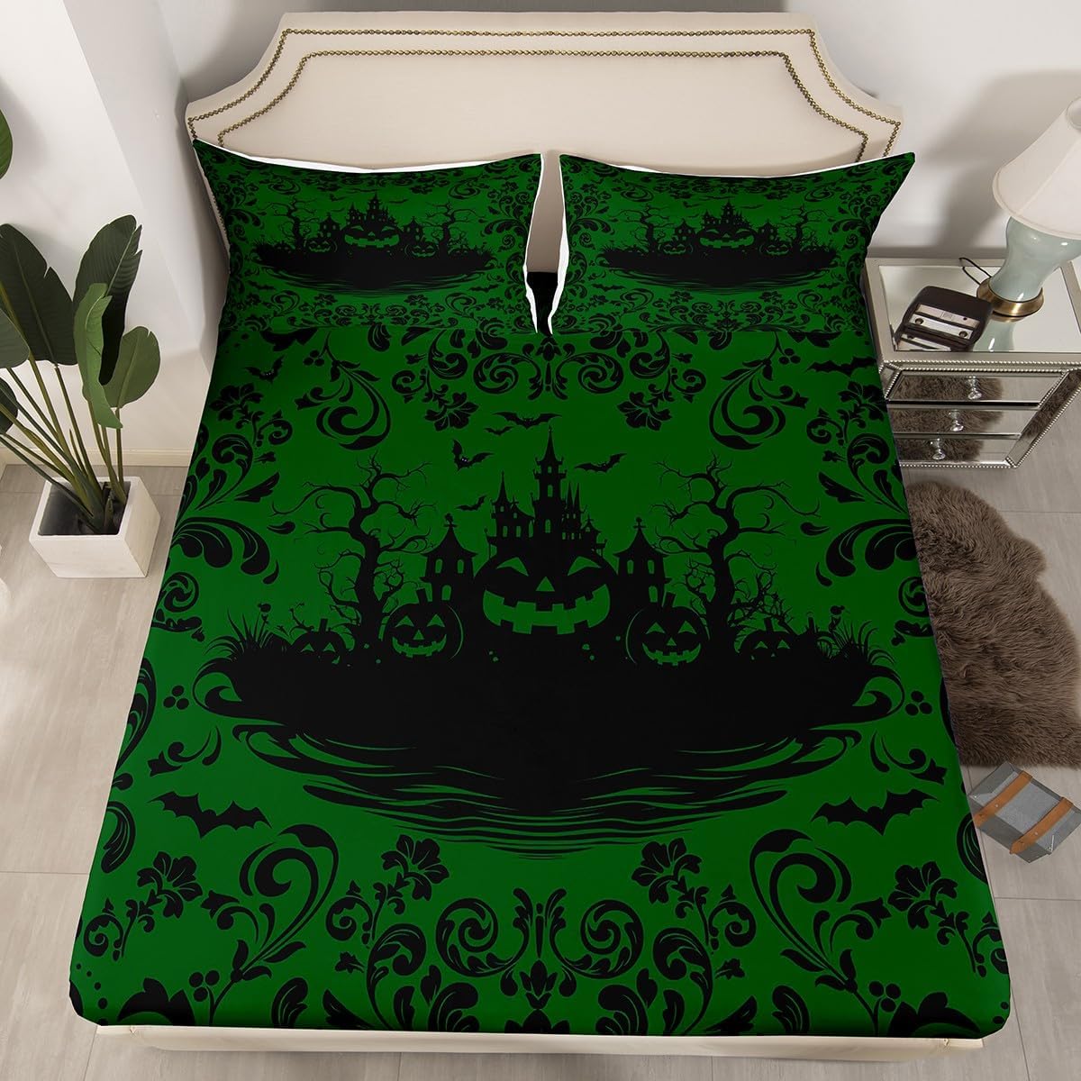 Erosebridal Adults Green Halloween Bed Sheets Full Gothic Bats Pumpkin Fitted Sheet for Men,Retro Black Victorian Baroque Damask Bedding Sheets Goth Trees Castle Sheets 3 Pcs