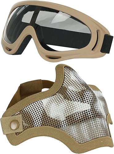 Miniatura 10 de AOUTACC Máscara y gafas de Airsoft, media máscara de malla de acero y gafas para CS Paintball, tiro, juego de guerra, cosplay