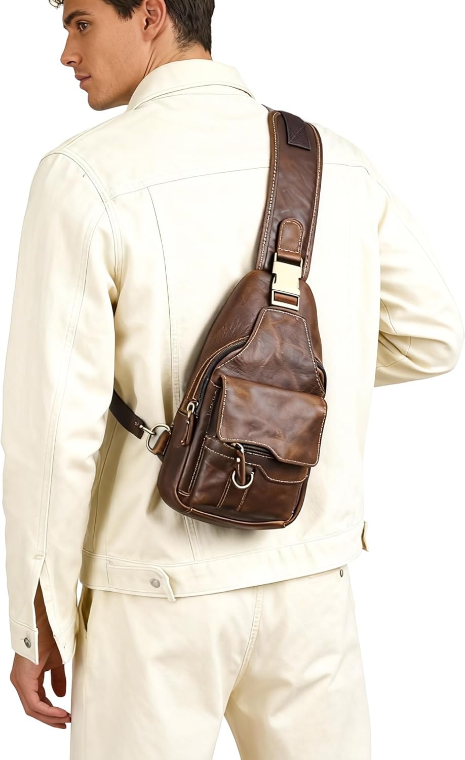 Genuine Leather Hiking Travel DayPack Sling Crossbody Triangle Chest Pack Bag For Men Women 8241 - Image 3