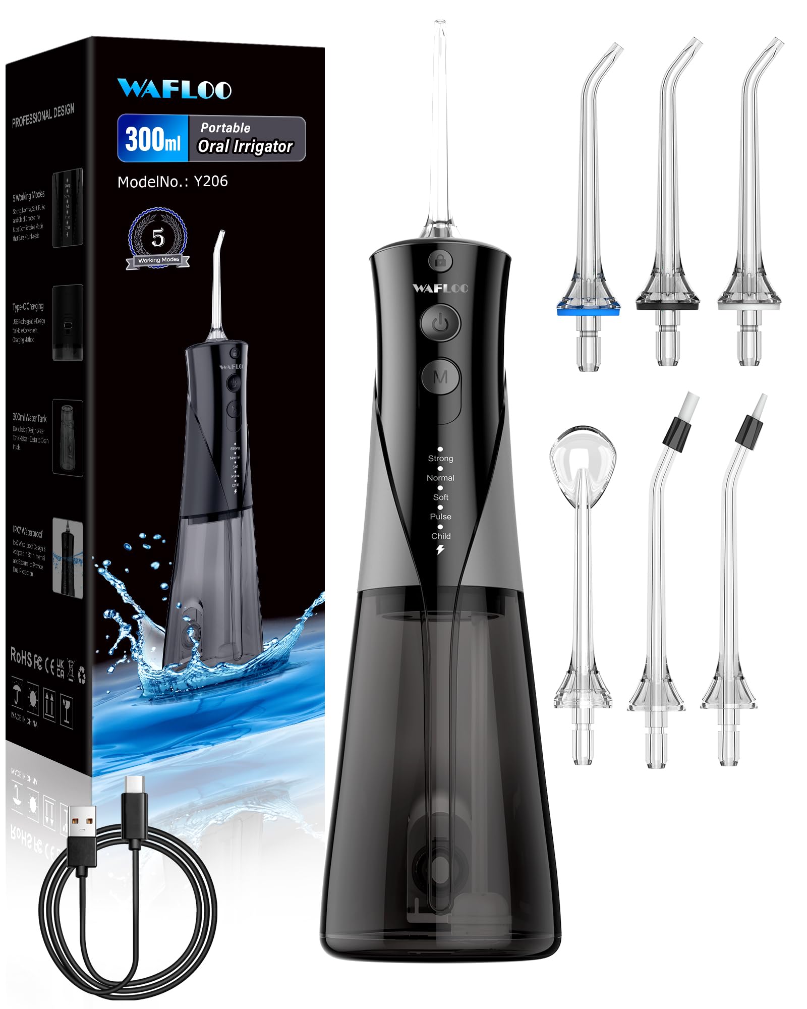 WAFLOO Munddusche Kabellos Water Flosser Zahnreinigung, 5 Modi, USB-C Ladefunktion, 6 Jet-Tipps, 300ML Wassertank, Reise Munddusche Elektrisch, Entfernt Speisereste (Schwarz)