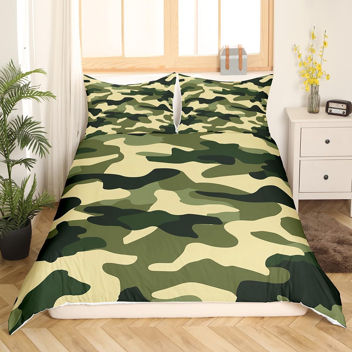 Erosebridal Kids Army Green Camo Duvet Cover Full Military Camo Bedding Set for Boys Teens Men,Yellow Black Camouflage Comforter Cover Camouflage Hiding Bedspread Cover with 2 Pillow Cases Room Decor