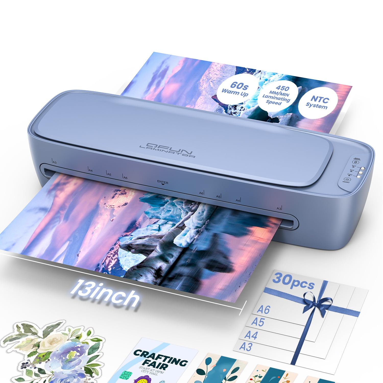 Qfun Laminator A3 na gorąco i zimno, szybkie nagrzewanie 9 w 1 Laminator z 30 arkuszami Laminator do A3 A4 A5 A6, laminator z obcinaczem i zaokrąglaczem do biura szkoły domowej