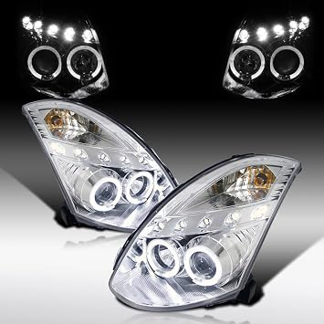 For 03-07 Infiniti G35, Chrome LED Projector Headlights | For 03-07 Infiniti G35 2 Door Coupe With HID System Headlights, Twin Halo LED Chrome Housing Clear Lens Projector Headlights