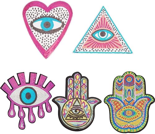 INFUNLY 5 parches de lentejuelas de ojo malvado de 9.8 x 8.2 pulgadas, palma, corazón de mal de ojos, apliques para planchar con bordado colorido,