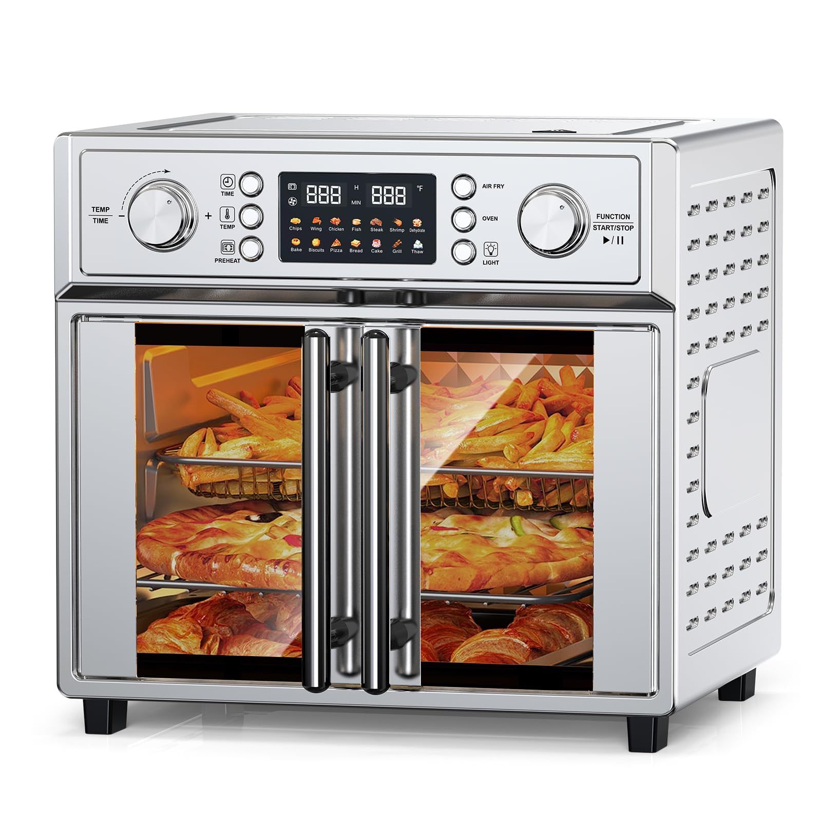 PlumChef 14 Presets 27.5 Quart Extra Large 6 Slices Air Fryer Convection Toaster Oven, French Door, digital Led Control,1700W, Multifunction Oven(Stainless Steel)