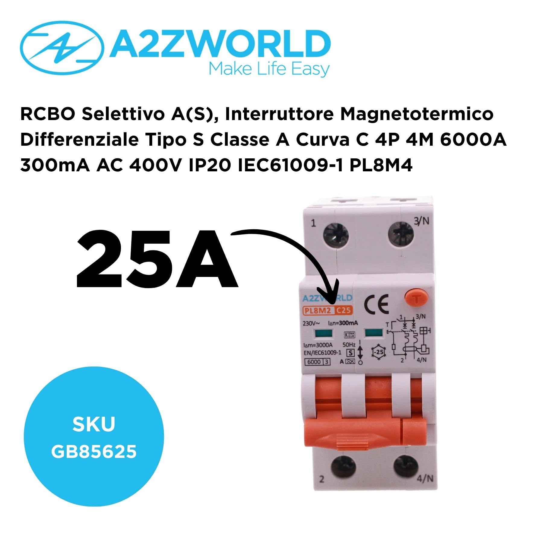 RCBO Selectivo Tipo A (S) 300 mA 25 A C25, 2 módulos verdaderos 6 kA 230 V Clase A Curva C, interruptor magnetotérmico diferencial con doble palanca y diagnóstico visual, modelo PL8M2