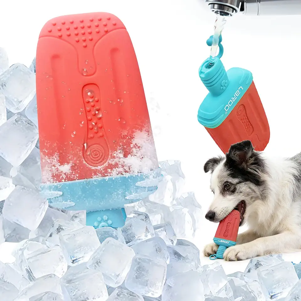 LaRoo Brinquedos de cachorro para resfriamento de verão, brinquedos para cães congelados, cheio de água congelada, prevenção de golpe de calor atualizado brinquedo de mastigar dentição (formato de gelo vermelho)