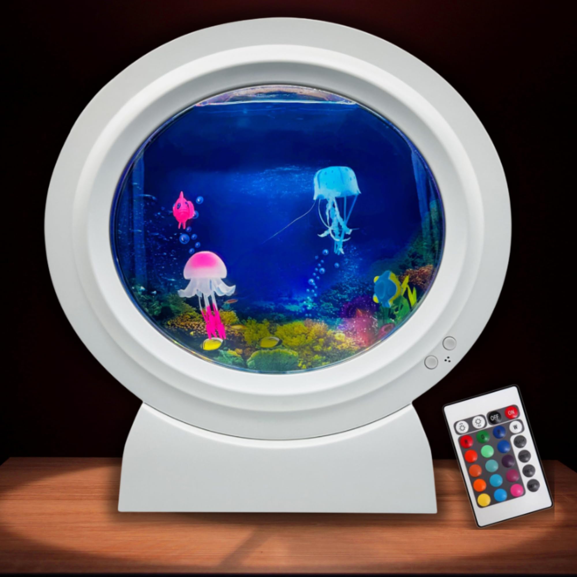Playlearn Round Jellyfish Aquarium Tank LED 4 Color Changing Modes USB Powered Mood Lights for Sensory Spaces, Classrooms, or Bedrooms Cool Jellyfish Kids Night Light Lamp