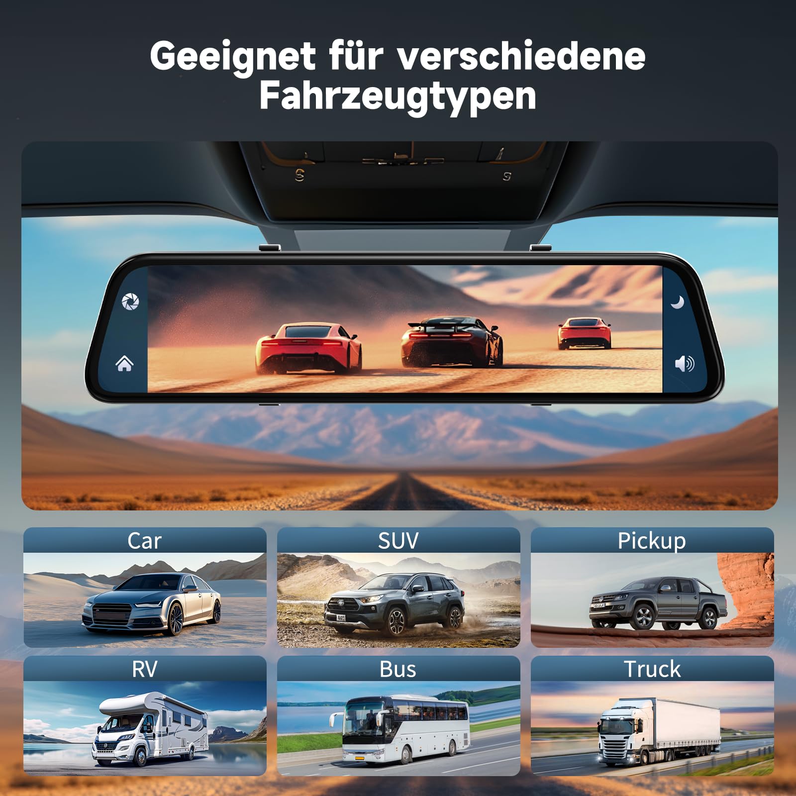 12,5 Zoll 4K Rückfahrkamera Spiegel mit Wireless CarPlay Android Auto Dashcam Einparkhilfe Navigation Bluetooth Mirror Link WDR AUX 64G SD-Karte
