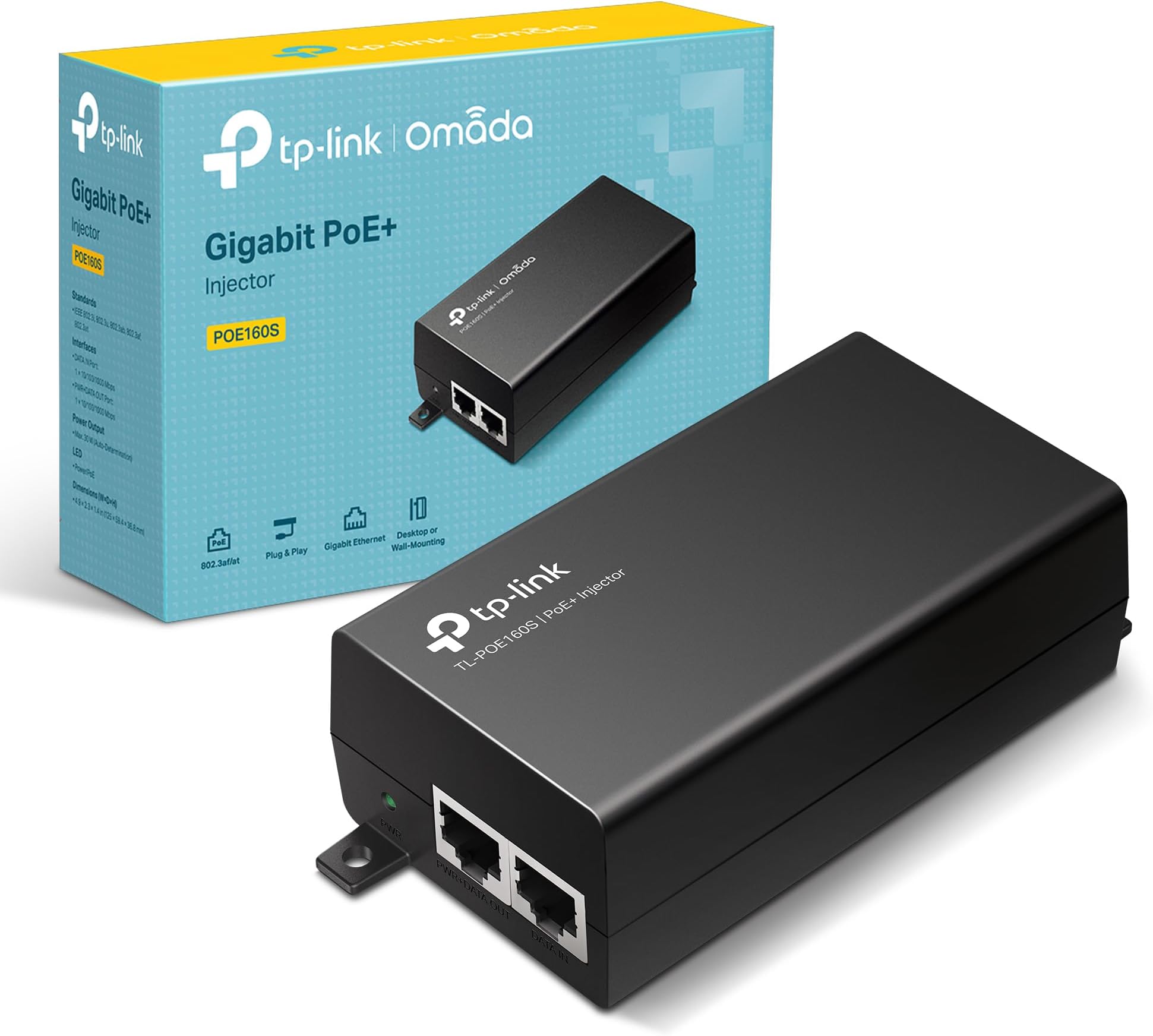 POE160S PoE+ Injector, IEEE 802.3af/at, 2× Gigabit Ports, Non-PoE to PoE Adapter, Supplies Up to 30W, Distance Up to 100m, Plug & Play, Wall/Desktop Mount, Idea for AP/IP Camera/IP Phone