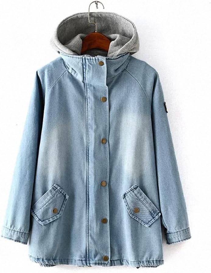 2pc Women Spring Autumn Denim Trench coat with innner Gray hooded vest Woman windbreaker outwear casaco feminino abrigos as show blue 4XL