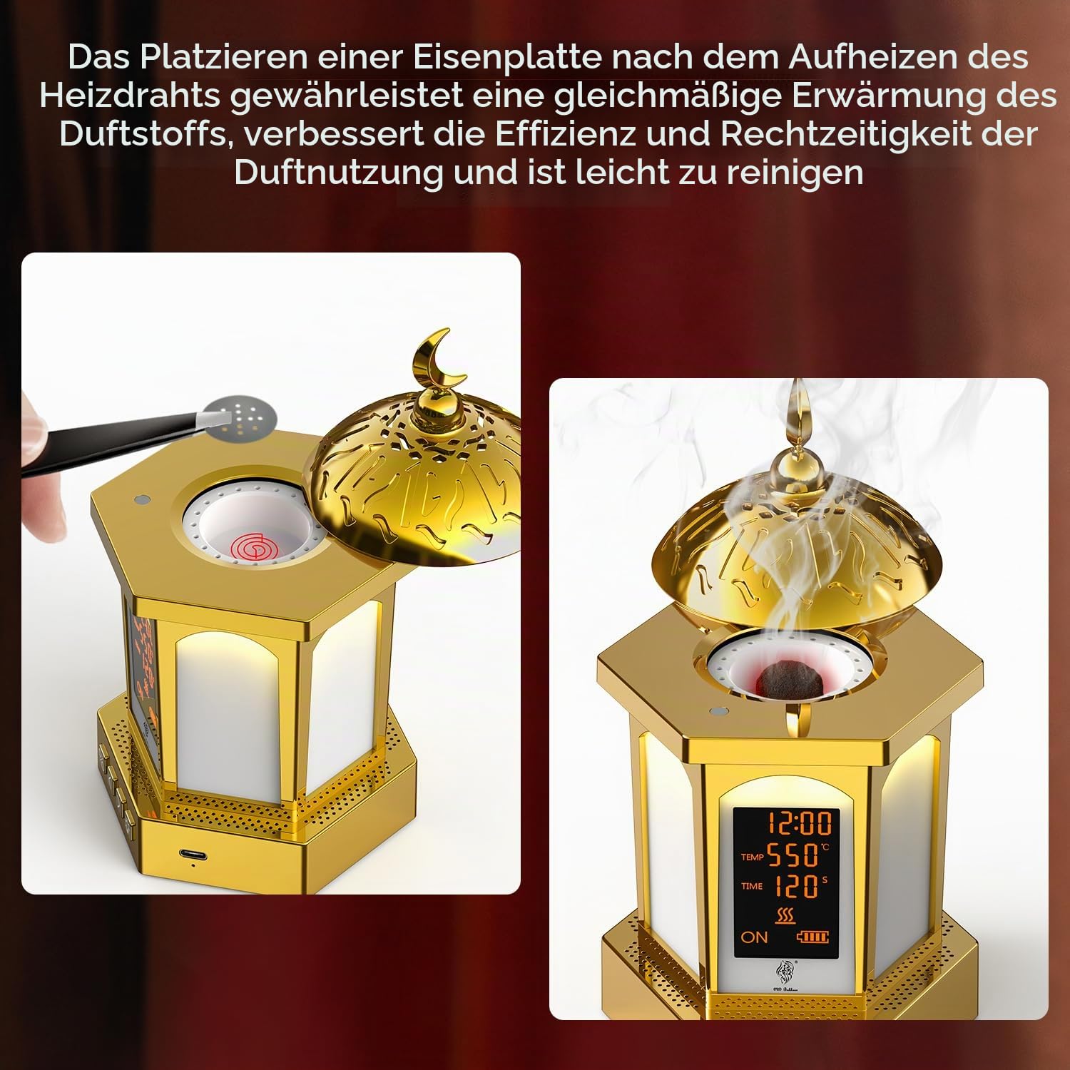 langanhaltender Bakhoor Brenner elektrischer Aroma Diffuser, USB Wiederaufladbar arabischer Räucherstövchen mit LED Display & 3 Temperatureinstellungen (500°C/120s - 300°C/300s)
