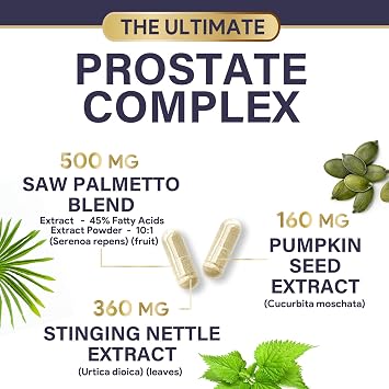 Prostate Health Supplements for Men - 3X Strength with Saw Palmetto Blend Stinging Nettle Root & Pumpkin Seed Support Complex - Supports Bathroom Trips Prostate & Urinary Health - 60 Capsules