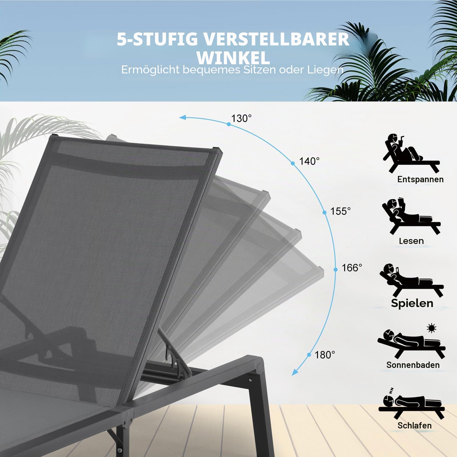 VEVOR Sonnenliege klappbar, 182x60x88cm Alu-Liegestühle mit 5 verstellbaren Positionen, Strandliege, Liegestühle, Gartenliege Relaxliege, Liege für Terrasse, Strand, Pool, Dunkelgrau, 2 Stück