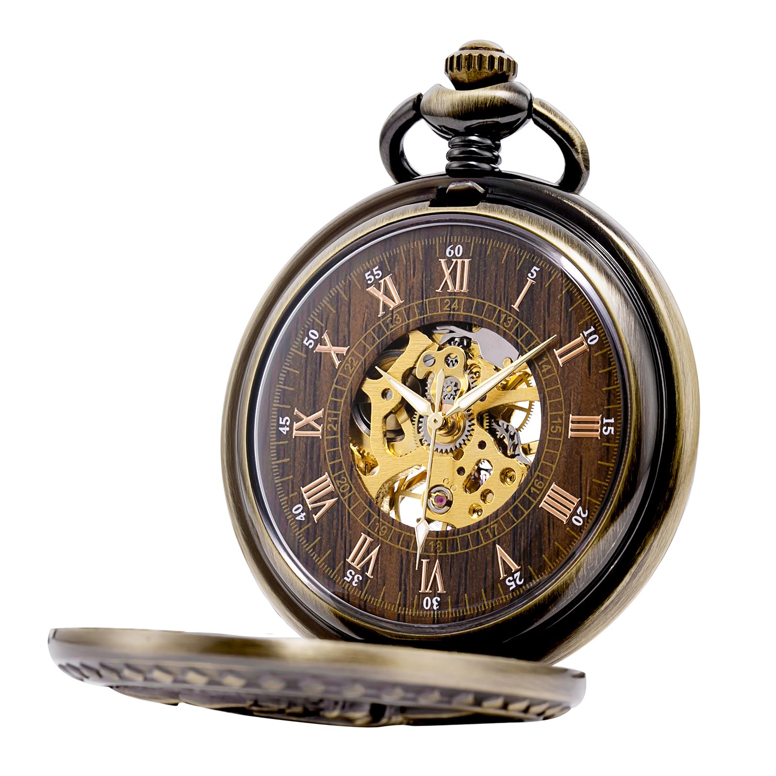 Treeweto - Antico orologio da taschino, da uomo, movimento meccanico visibile, cassa cava in bronzo, incisione effetto 3D di un treno a vapore, numeri romani