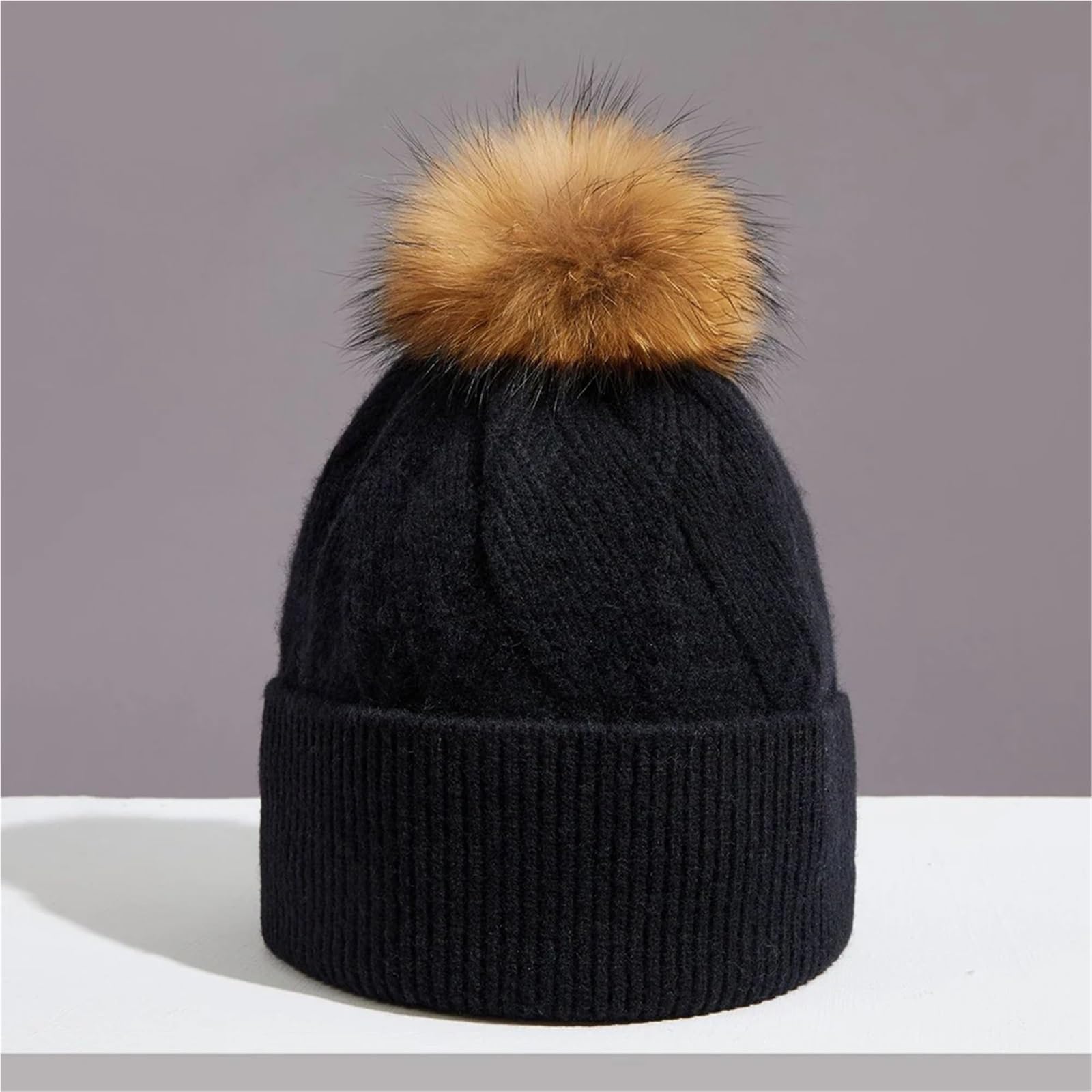 Bommelmütze for Damen, Winter, Herbst, Wolle, Strickmütze, warm, weich, Skifahren, Zubehör for Outdoor-Sportarten(Black)