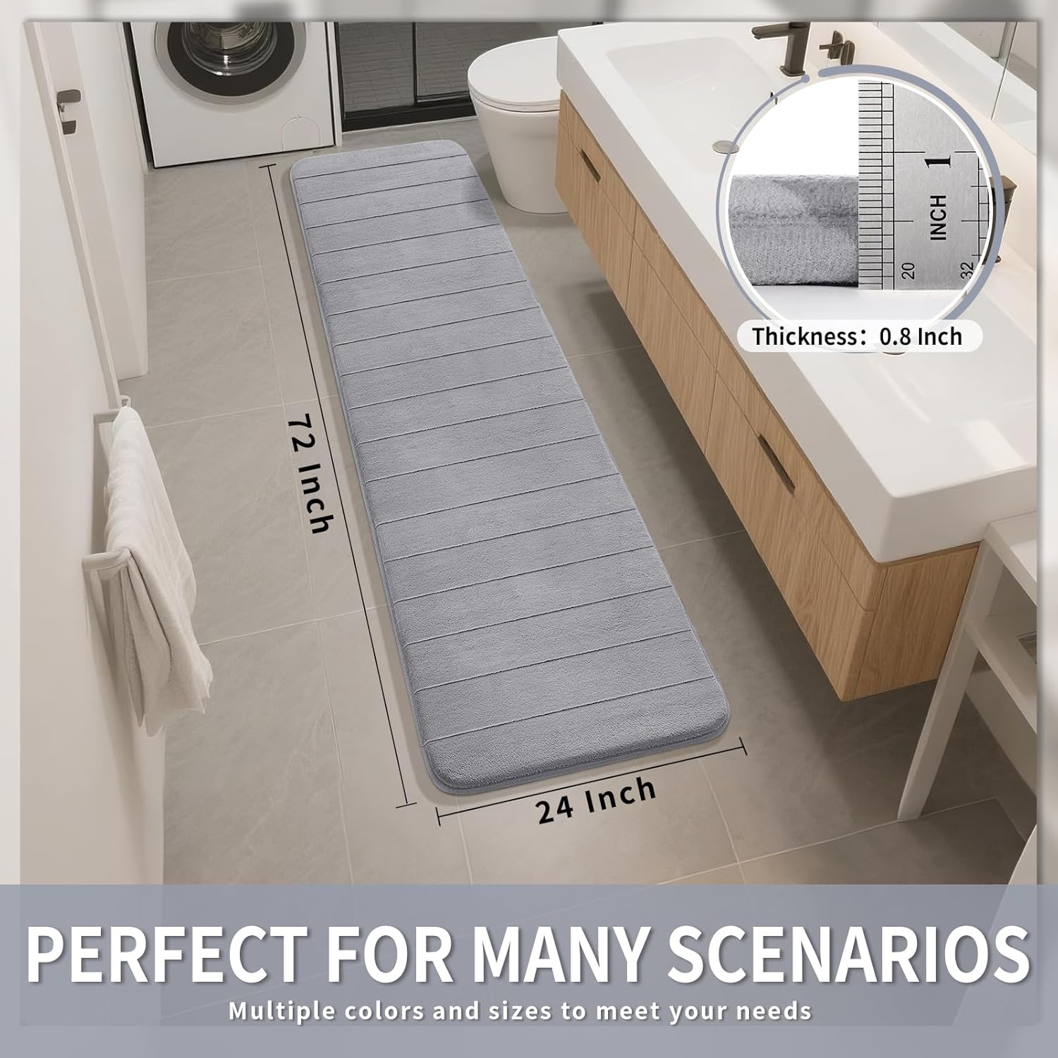 Yimobra Bathroom Runner Rugs 72"x24" Non Slip Washable Memory Foam Bath Mat, Super Soft Water Absorbent Hallway Carpet for Vanity Tub Shower, Gray - Image 2