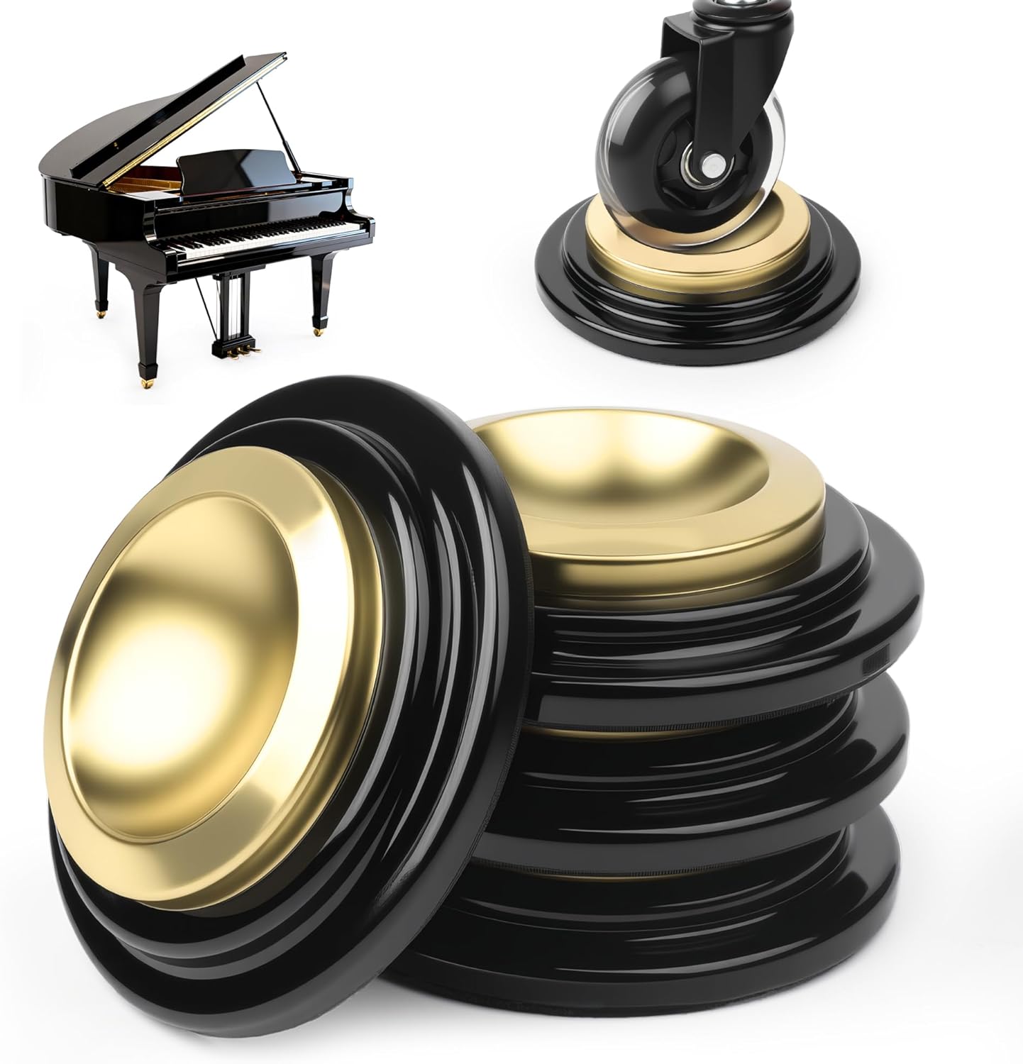 3 Pack Piano Caster Cups Metal Rubber with Felt Bottom Non-Slip Anti-Noise Heavy Duty for Grand Upright Piano Furniture Hardwood Floor Protectors