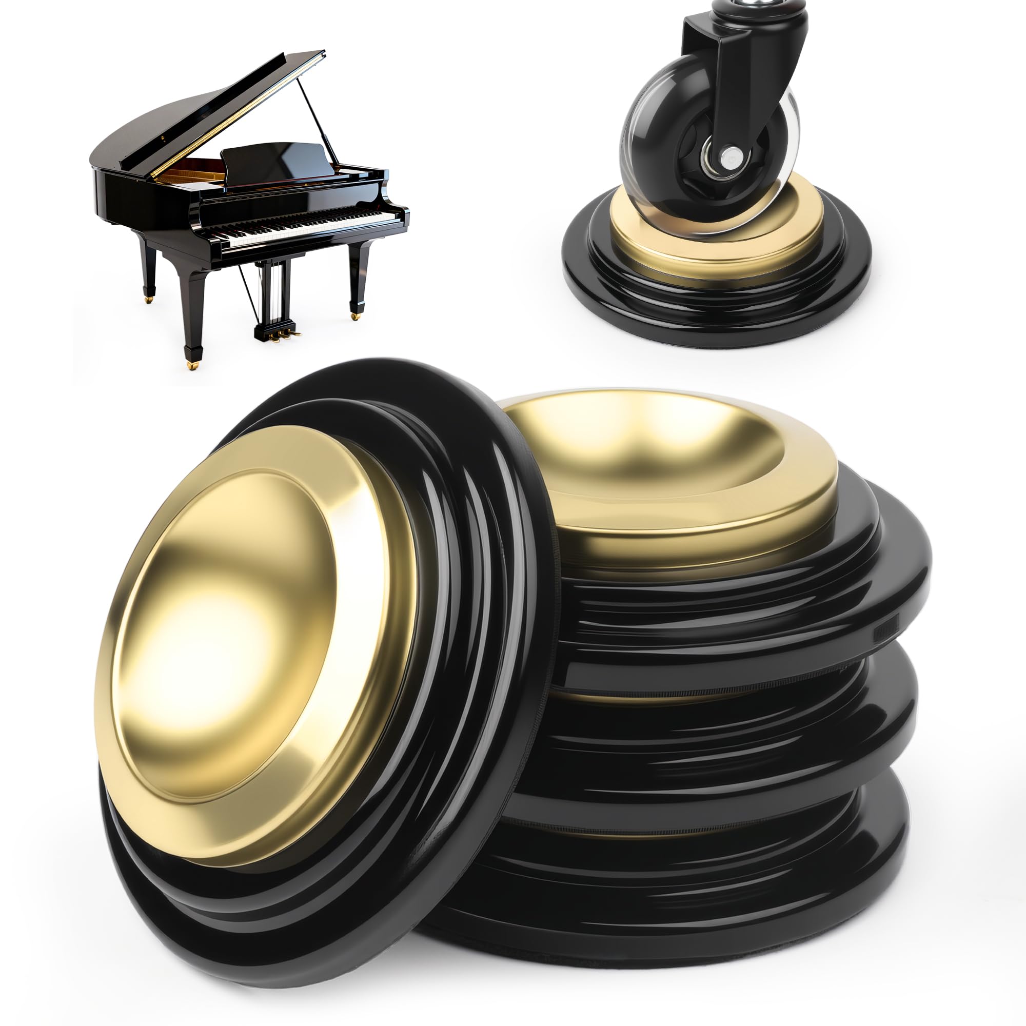 Sandure 4 Pack Piano Caster Cups Metal Rubber Felt Bottom Non-Slip Anti-Noise Heavy Duty - Furniture Leg Floor Protectors for Grand Upright Piano Hardwood Floors